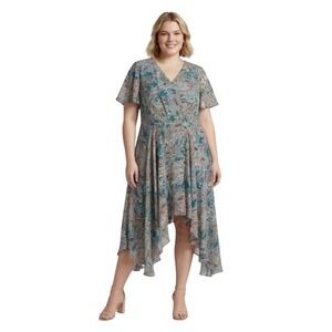Sharagano Womens Teal Paisley High Low Handkerchief Hem Midi Dress Plus Size 18W